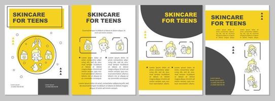 huidverzorging voor tieners gele brochure sjabloon. huid behandeling. boekje afdrukontwerp met lineaire pictogrammen. vectorlay-outs voor presentatie, jaarverslagen, advertenties. arial, talloze pro-reguliere lettertypen gebruikt vector