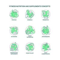 fitness voeding en supplementen groene concept iconen set. producten voor fit lifestyle idee dunne lijn kleurenillustraties. geïsoleerde overzichtstekeningen. roboto-medium, talloze pro-bold lettertypen gebruikt vector