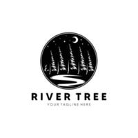 nacht rivier boom logo vector illustratie ontwerp vintage embleem art