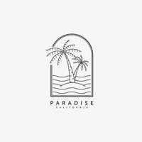 palm of kokosnoot lijn kunst logo vector illustratie ontwerp. vintage hand getrokken palm embleemontwerp badge sjabloon. zonsondergang op het eiland logo concept