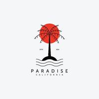 palmboom logo vector ontwerp illustratie lijntekeningen, kokos concept, paradijs eiland logo, oceaan concept zonsondergang in het paradijselijke eiland