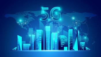 abstracte 5g hologram netwerk draadloos internet wi-fi verbinding en internet van dingen op stadsachtergrond slimme stad en communicatienetwerk concept. vector