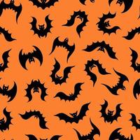 vleermuizen vector naadloze patroon. een zwerm vliegende roofdieren op een oranje achtergrond. zwarte silhouetten van nachtbloedzuigers. handgetekende gevleugelde beesten. vleermuizen vampiers. halloween sieraad, vlakke stijl.