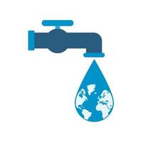 kraan met waterdruppel met vector wereldbolpictogram op witte achtergrond.