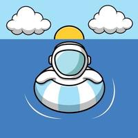 schattige astronaut drijvend met zwemmende banden op zee cartoon vector pictogram illustratie. voedsel pictogram concept geïsoleerde premium vector. platte cartoonstijl