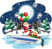 Kerstman en elf op een speedboot in de besneeuwde nacht vector