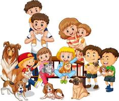 familieleden met veel honden in tekenfilmstijl vector