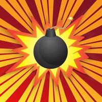 zwarte bom vectorillustratie met zonnestraal op achtergrond. cartoon bom geïsoleerd op een suburst achtergrond. ronde zwarte bom vector