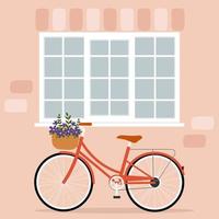 fiets met mand met bloemen onder het raam. vector