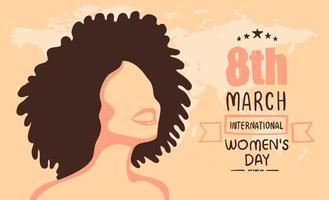 8 maart, internationale vrouwendag. vector sjabloon met mooie vrouw met krullend haar en belettering van ontwerp. vectorillustratie.