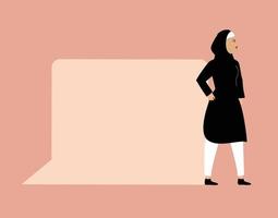 moslimvrouw blijft in de buurt van een groot bellenspraakplein. jonge arabische vrouw staat naast gespreksbubbel. concept van vrijheid van meningsuiting, vrijheid vrouwen empowerment beweging. vector illustratie voorraad.