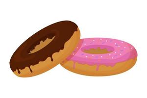 smakelijke chocolade donuts en donuts met roze geglazuurde fastfood, samenstelling geïsoleerd op een witte achtergrond. gebak object, ontwerpelement. vector illustratie