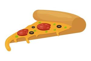 plak pizza, kleurrijk, heerlijk met tomaat, salami, olijven en warme kaas. Italiaanse traditionele fastfood, object geïsoleerd op een witte achtergrond. vector illustratie