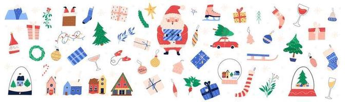 leuke kerst en winter elementen set, cartoon platte vectorillustratie geïsoleerd op een witte achtergrond. grote collectie met de hand getekende geschenkdozen, huizen, planten en decoraties. vector