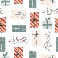 Kerst geschenkdozen en feestelijke naadloze lichtpatroon, platte vectorillustratie op witte achtergrond. wintervakantie viering huidige pakketten met textuur. vector