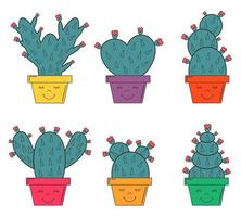 cartoon platte cactus in trendy moderne stijl. schattige cactus met bloemen in de vorm van een hart. verzameling van sappig in potten met gezichten. illustratie voor kinderen textiel, kaarten, cadeaupapier. romantische planten vector