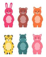 verzameling van schattige grappige dieren voor kinderen in cartoon-stijl geïsoleerd op wit. konijn, beer, vos, tijger, varken, nijlpaard. voor afdrukken, kinderachtig ontwerp, verjaardagskaarten, posters. vector