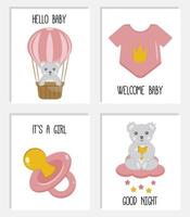 schattige posters met kleine koala, babyromper, fopspeenpop. vector prints voor babykamer, babydouche, wenskaart. schattige kinderkamer illustratie. set verjaardagskaarten sjablonen. het is een meisje.