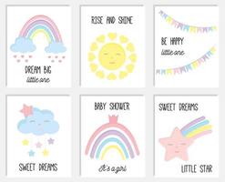 baby shower vector kaarten. hallo babykaarten met wolk, regenboog, ster en zinnen droom groot, kleine ster, hallo baby, wees gelukkig. gekleurde vectorillustratie voor baby douches partij, uitnodiging voor feest.