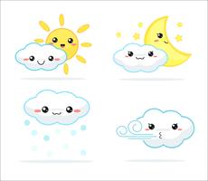 Weersvoorspelling kawaii cartoon regenboogwolken, zon en maan die er leuk en kleurrijk uitzien. vector