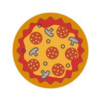 cartoon pizza met champignons, worst, olijven en tomatensaus vector clipart op witte achtergrond.