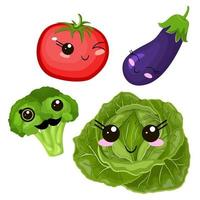 grappige cartoon schattige bieten, kool en rijpe tomaat. paarse aubergine. grappig gezicht vector. vector