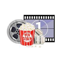 film tijd vectorillustratie. bioscoop poster concept op rode ronde achtergrond. compositie met popcorn, Filmklapper, 3D-bril en filmstrip. vector