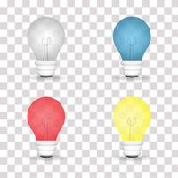 verzameling ideeën voor 3D-energielampen. witte, blauwe, rode en gele transparante gloeilampen. transparante witte achtergrond. energie en idee symbool. kleurrijke gloeilampen. vector illustratie
