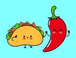 leuke, grappige vrolijke taco en chilipeper. vector hand getekend kawaii stripfiguren, illustratie pictogram. grappige cartoon taco en chili peper mascotte karakter concept