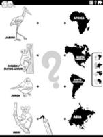 match tekenfilm dieren en continenten taak kleurboek pagina vector