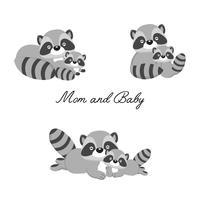 Set van kleine wasbeer en moeder. Woodland animal cartoon. vector