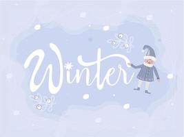 wintertijd typografische poster. kalligrafische tekst voor kaarten, banners, t-shirts of decoratie. zin op aquarel geschilderde achtergrond met sneeuwvlok vector