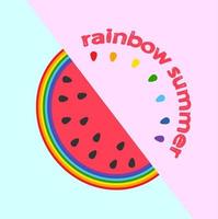 belettering regenboog zomer en een halve roze watermeloen met een schil met regenboogbloemen en donkere zaden op een roze-blauwe achtergrond vector