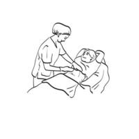 buik van vrouwelijke arts gel toe te passen op buik van zwangere vrouw voor echografie in kliniek illustratie vector hand getekend geïsoleerd op witte achtergrond lijntekeningen.