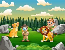 dierenverzorger jongens en leeuwen in de parkdierentuin vector