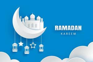 ramadan kareem wenskaart maan en sterren traditionele lantaarns achtergrond. eid mubarak papier kunst banner afbeelding ontwerp. gebruik voor islamitische flyer, poster, brochure, verkoop. vector