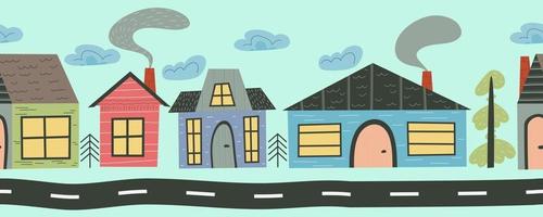 scandinavische huizen in een naadloze rand. schattige stadsstraat met huizen en een weg voor kinderontwerp. platte vectorillustratie. vector