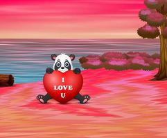 cartoon panda met rood hart op het strand vector