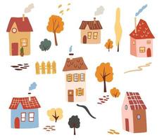 verschillende huizen clipart set. landhuizen, bomen, grasvelden, paden en struiken. concept voor textielgeklets, kinderdagverblijfontwerp, kaartontwerp. vector cartoon afbeelding, geïsoleerde elementen.