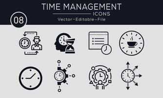 set van time management concept iconen ontwerp. bevat dergelijke pictogrammen doel, productiviteit, proces, prestaties en meer, kan worden gebruikt voor web en apps. gratis vector