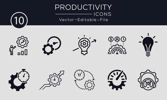 set van productiviteit concept iconen ontwerp. bevat dergelijke pictogrammen prestaties, doel, proces, tijdbeheer en meer, kan worden gebruikt voor web en apps. gratis vector