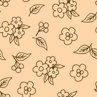 eenvoudig bloemen vector naadloos patroon in landelijke stijl. bruine omtrek van kleine bloemen, bladeren, bessen op een beige achtergrond. voor stoffenprints, textielproducten, woondecoratie, beddengoed.