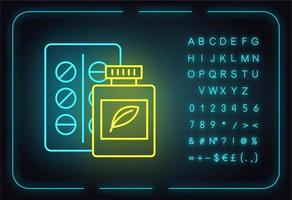 kruidengeneeskunde neon licht icoon. organische chemie. farmaceutische producten. medische Chemie. organische verbindingen tegen ziekten. gloeiend bord met alfabet, symbolen. vector geïsoleerde illustratie