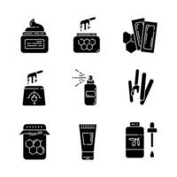 waxen apparatuur glyph pictogrammen instellen. natuurlijke warme honing wax strips met spatel. ontharingstools. bodylotion, spray, olie voor ontharing. silhouet symbolen. vector geïsoleerde illustratie