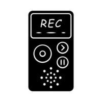 dictafoon glyph-pictogram. draagbare audiorecorder. apparaat voor het opnemen van interviews. audio-opname van stem, muziek. apparatuur voor journalisten. silhouet symbool. negatieve ruimte. vector geïsoleerde illustratie