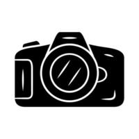 fotocamera glyph icoon. professionele fotocamera. snapshots maken, foto's maken apparaat. apparatuur fotograferen. fotograaf hulpmiddel. silhouet symbool. negatieve ruimte. vector geïsoleerde illustratie