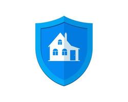 huis bescherming logo ontwerpsjabloon. blauw schild met huislogotype. eigendom veiligheidssymbool. alarmpictogram bouwen. bewaken teken vector geïsoleerde eps illustratie