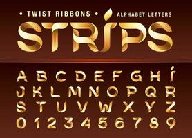 drieregelige twistlinten gouden alfabetletters en cijfers, moderne origami gestileerde afgeronde letters vector