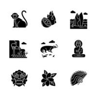 Indonesië glyph pictogrammen instellen. tropische dieren. reis naar Indonesische eilanden. exotische cultuur. unieke vruchten en planten. natuur en bezienswaardigheden. silhouet symbolen. vector geïsoleerde illustratie