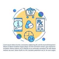 internet drogisterij artikel pagina vector sjabloon. medicijnen winkelen. brochure, tijdschrift, boekje ontwerpelement met lineaire pictogrammen en tekstvakken. print ontwerp. conceptillustraties met tekstruimte